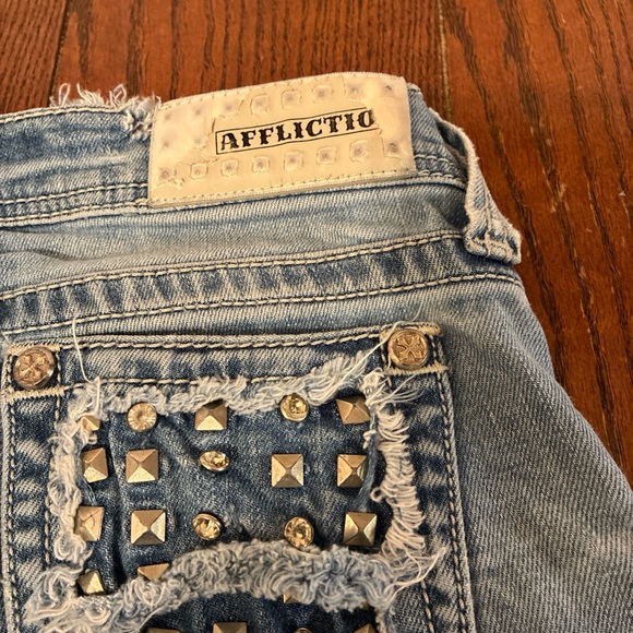 AFFLICTION Jenna Jeans Women 28x32 Gothic Studs Denim Crystal Grunge Thrashed - Picture 10 of 16